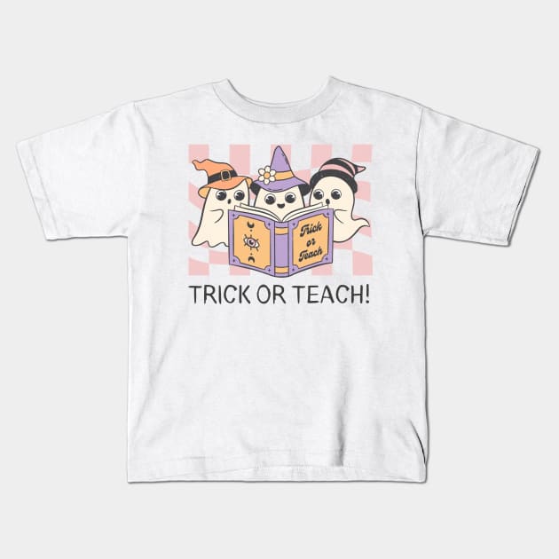 Groovy Halloween Trick or Teach Retro Ghost Teacher Kids T-Shirt by K.C Designs